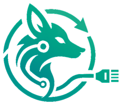 Emblème LegacIT : un renard dans une flèche de recyclage, relié à un câble